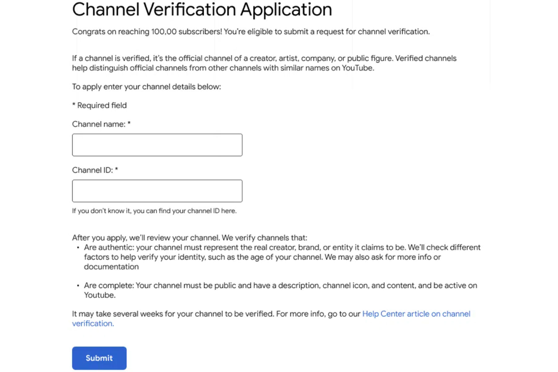 تکمیل فرم درخواست تیک آبی یوتیوب