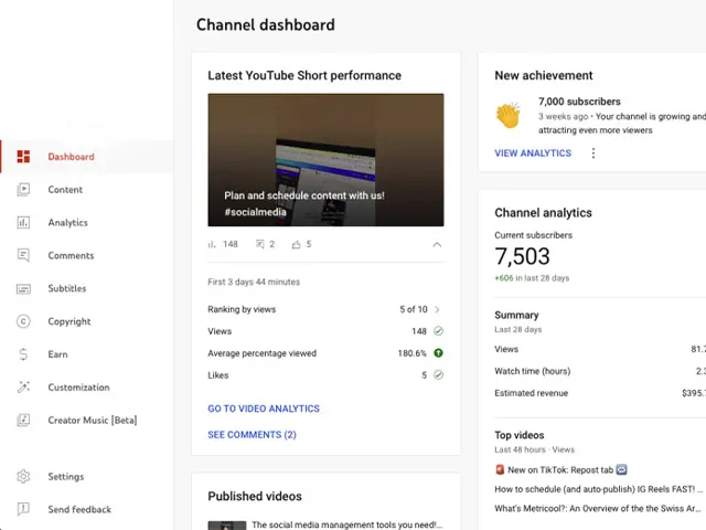 داشبورد یوتیوب استودیو (Dashboard)